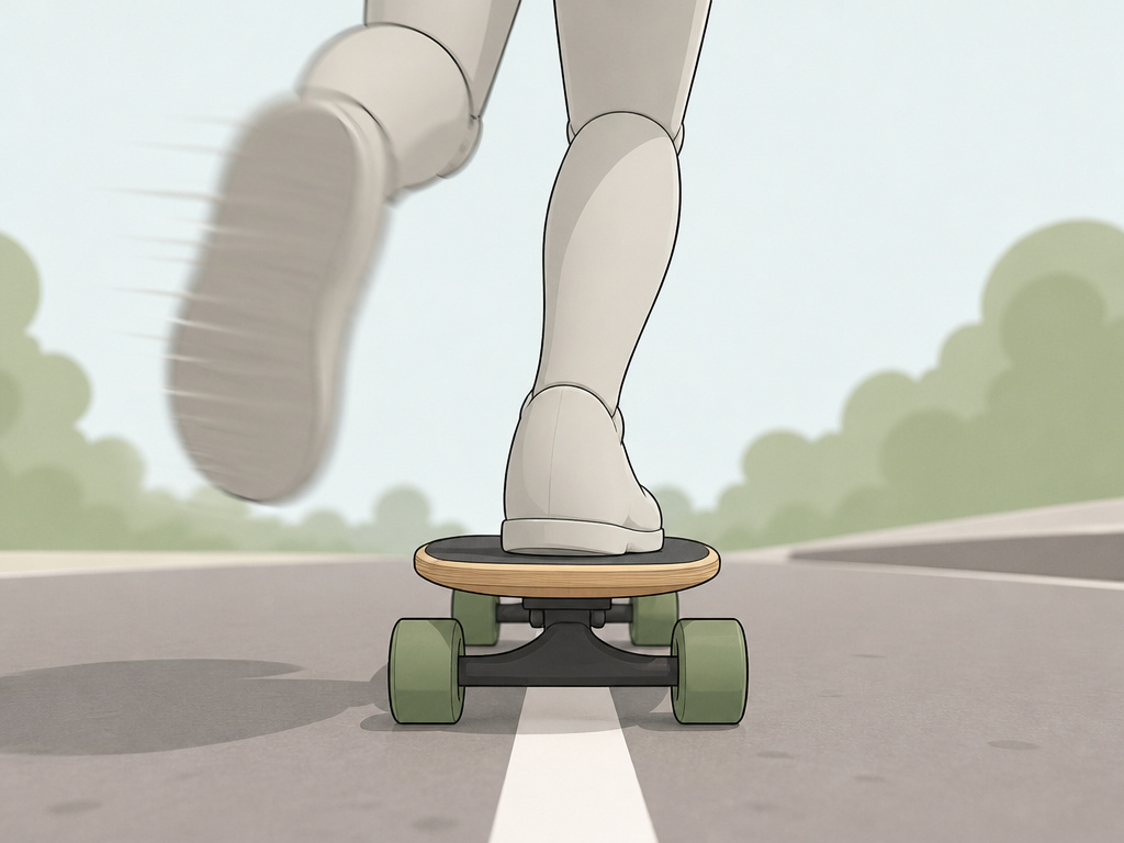 Longboarder's foot in recovery swing over a straight line for balance drill.