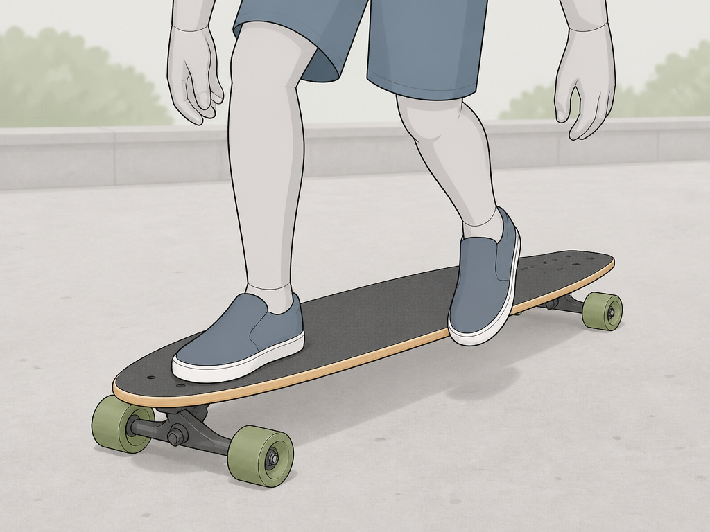 Cartoon illustration of a one-foot balance drill on a stationary longboard.