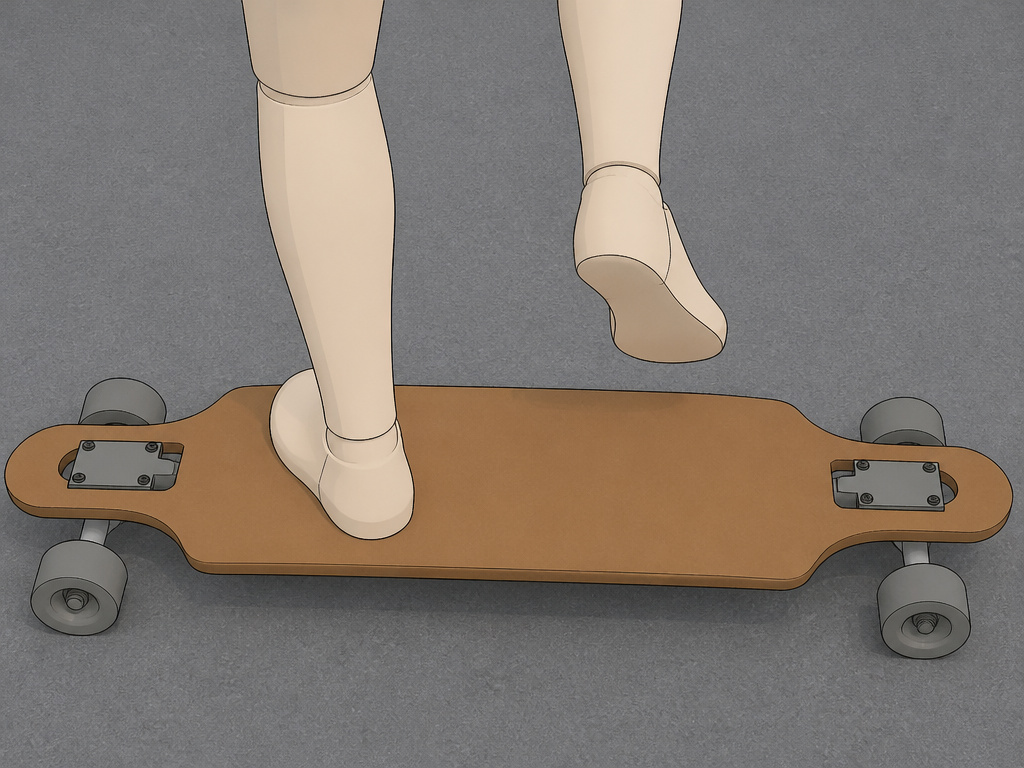 A dancer's foot hovering over the limited space on a drop-through longboard deck.