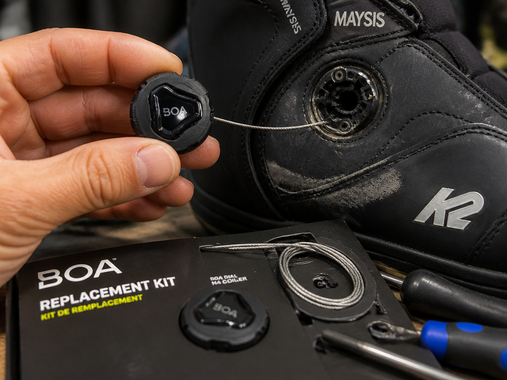 Close-up of a broken BOA dial replacement for K2 Maysis snowboard boots