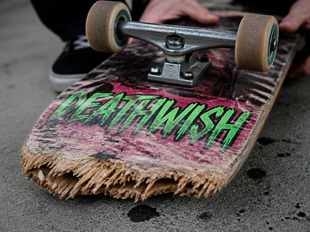 Close-up of a worn Deathwish skateboard tail showing razor tail damage.