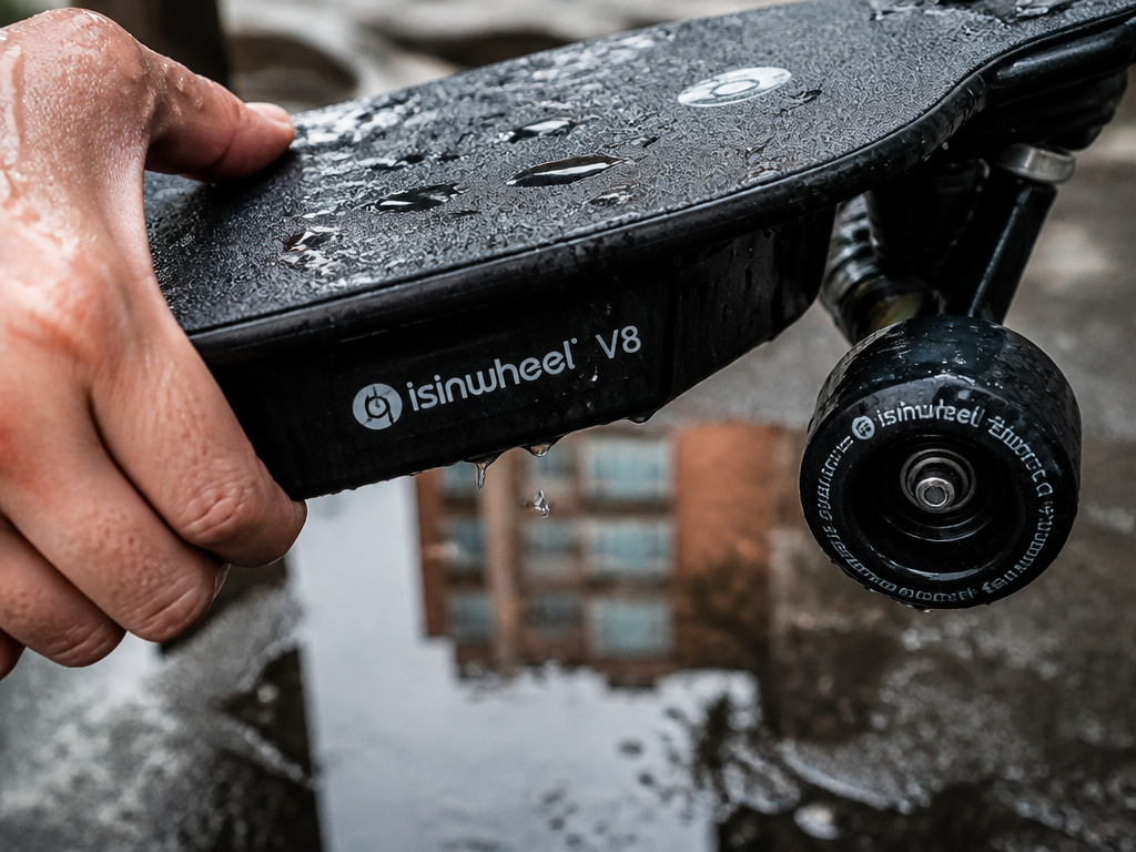 Isinwheel V8 electric skateboard with water droplets, illustrating water resistance limits.
