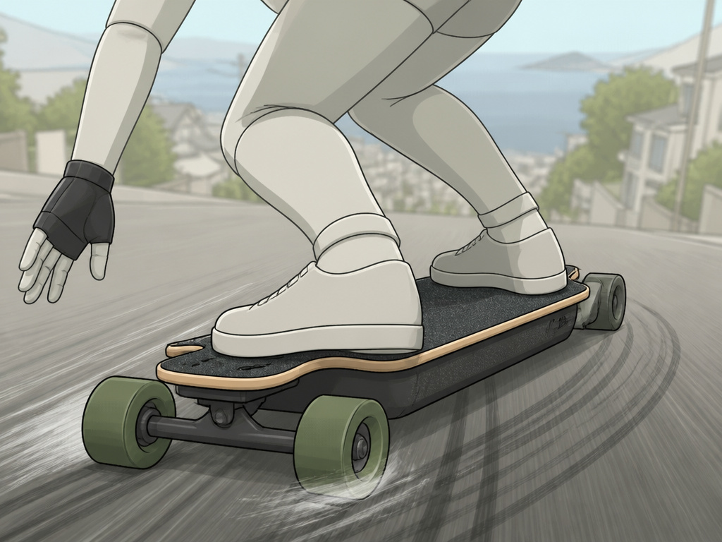 Rider performing an emergency powerslide to stop an electric longboard on a hill.