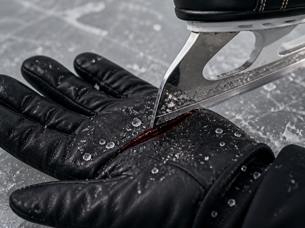 Ice skate blade cutting a slash into a protective leather glove.