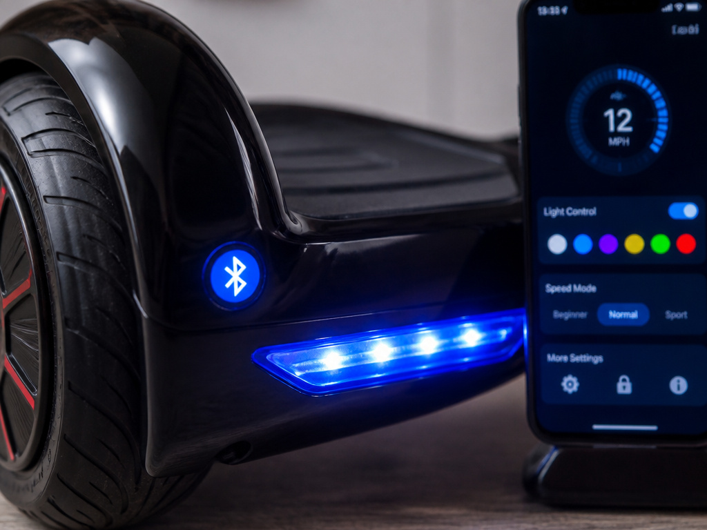 Hoverboard with glowing LED lights and smartphone app control interface.