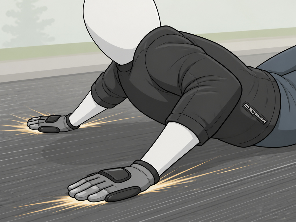 Cartoon of a longboarder performing a high-speed backward break-fall technique.