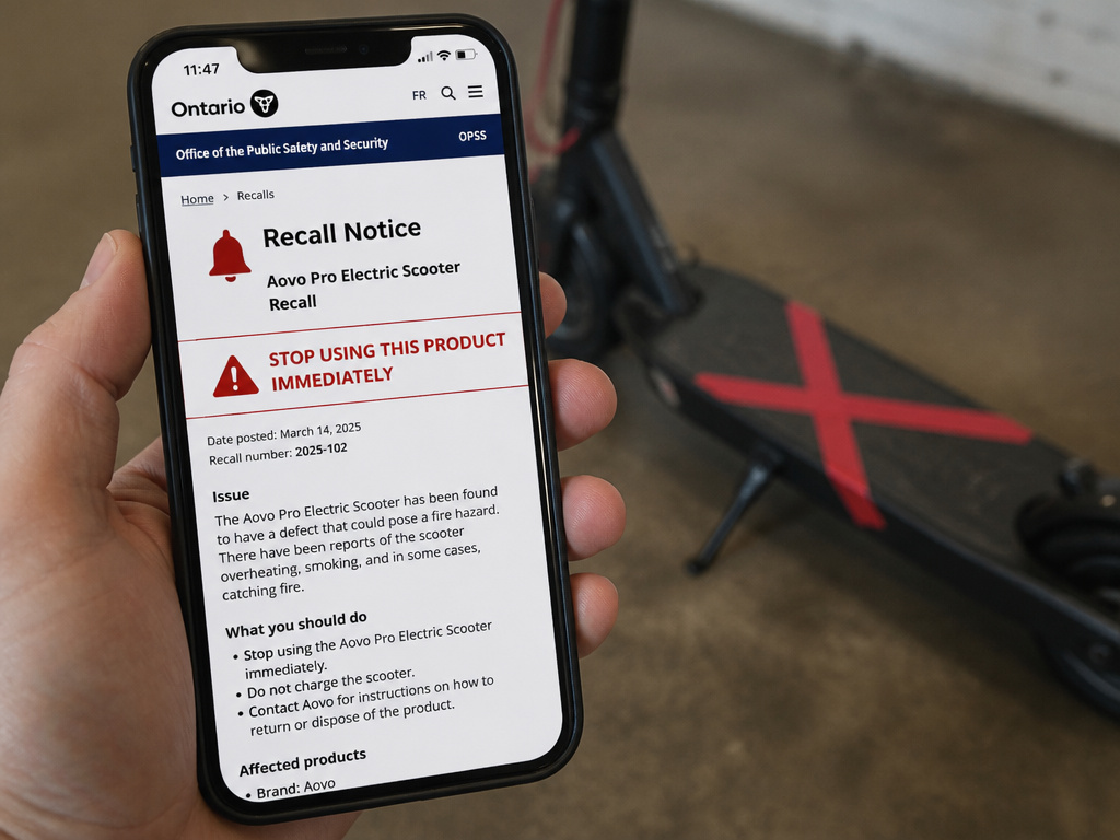 Official safety recall notice for Aovo Pro scooter on a phone screen