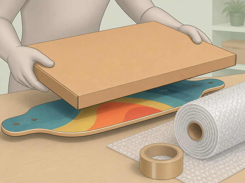 Free longboard shipping box and bubble wrap packing materials on table
