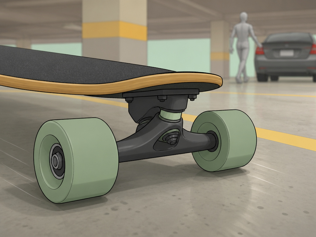 Longboard cruising on dry concrete inside a multi-level winter parking garage
