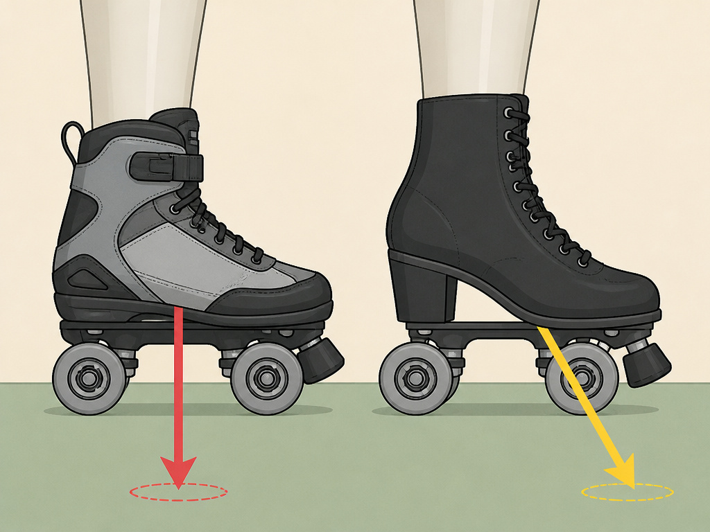 Diagram comparing flat vs heeled skate boots for weight distribution.