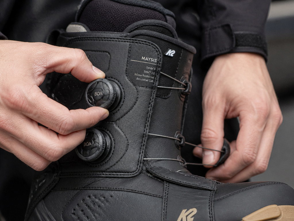 Close-up of K2 Maysis snowboard boot flex and dual BOA closure system.
