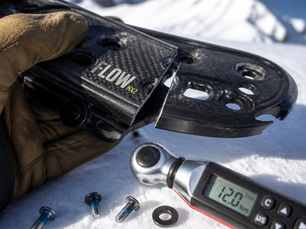 Close-up of a broken Flow NX2 binding baseplate and torque wrench on snow.