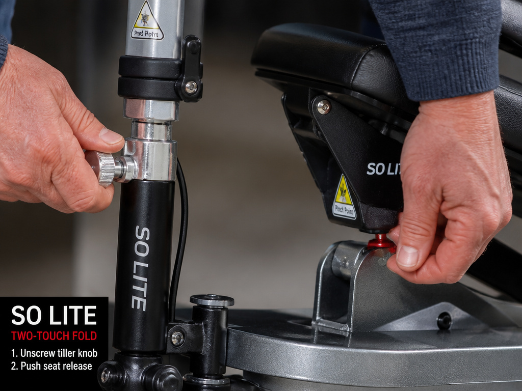 Close-up of hands folding the So Lite scooter using its two-touch mechanism.