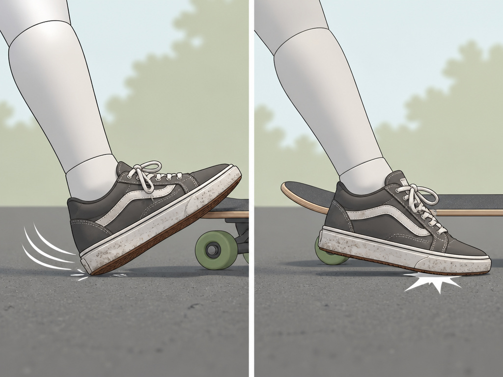 Close-up diagram comparing heel-first versus ball-first footbraking techniques for longboarding.