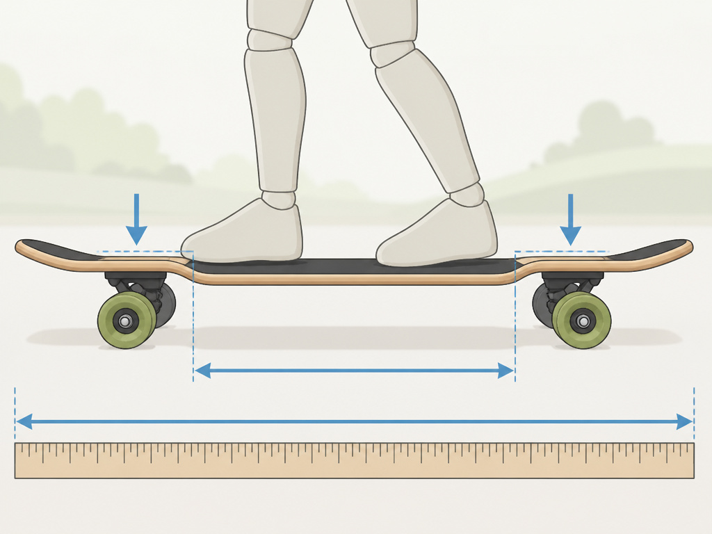 Beginner drop-through longboard sizing diagram for cruising, showing deck length and wheelbase.