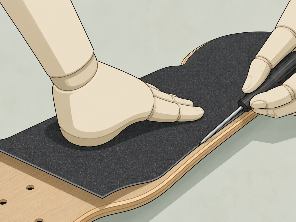 Applying grip tape to a longboard deck, pressing from the center outward.