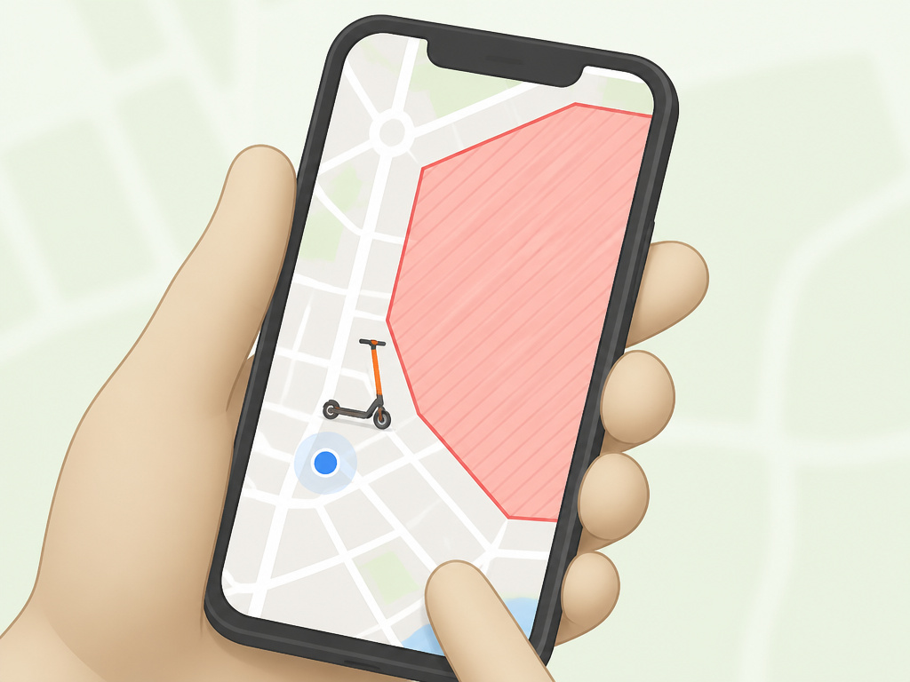 Smartphone screen showing Spin app map with available scooter and no-ride zone