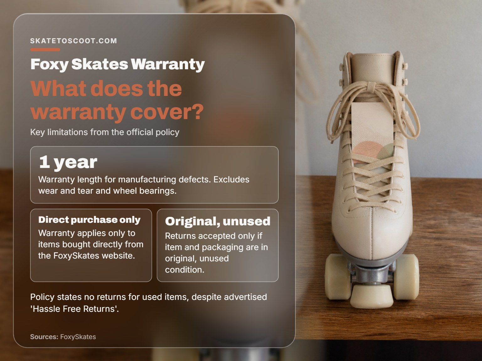 Close-up of a roller skate with a warranty card, highlighting policy details.