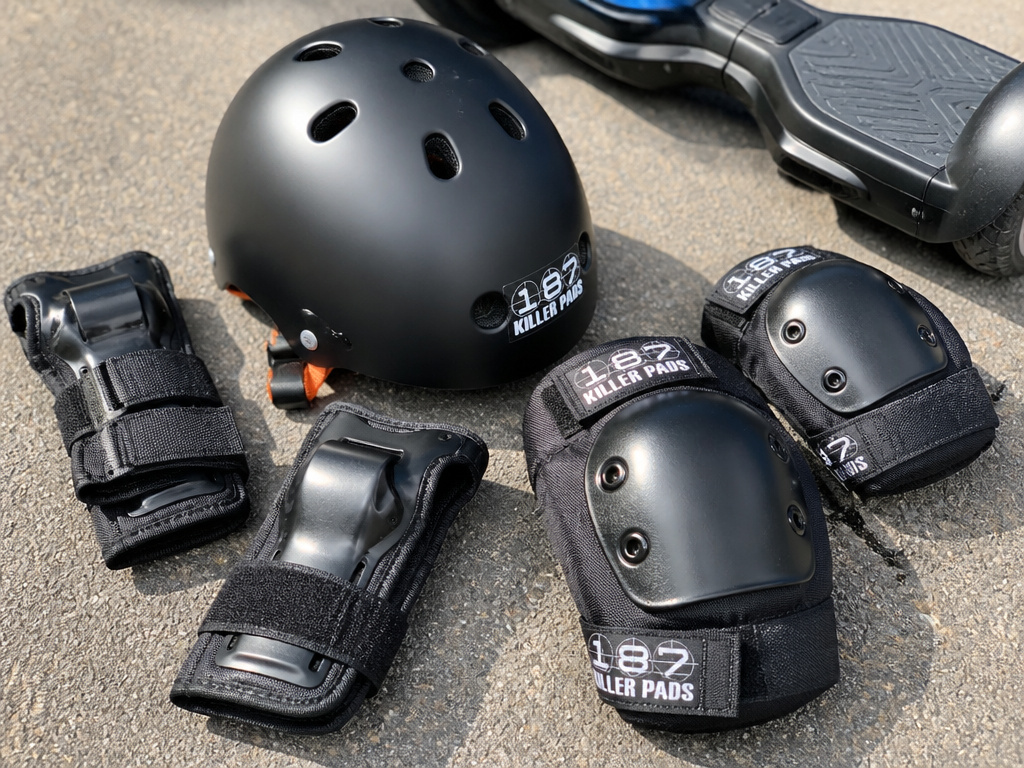 Essential hoverboard safety gear: helmet, wrist guards, knee and elbow pads.