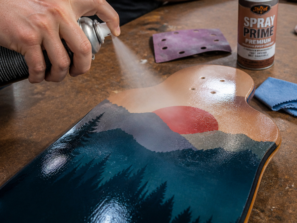 DIY longboard customization with spray sealant on painted deck graphic
