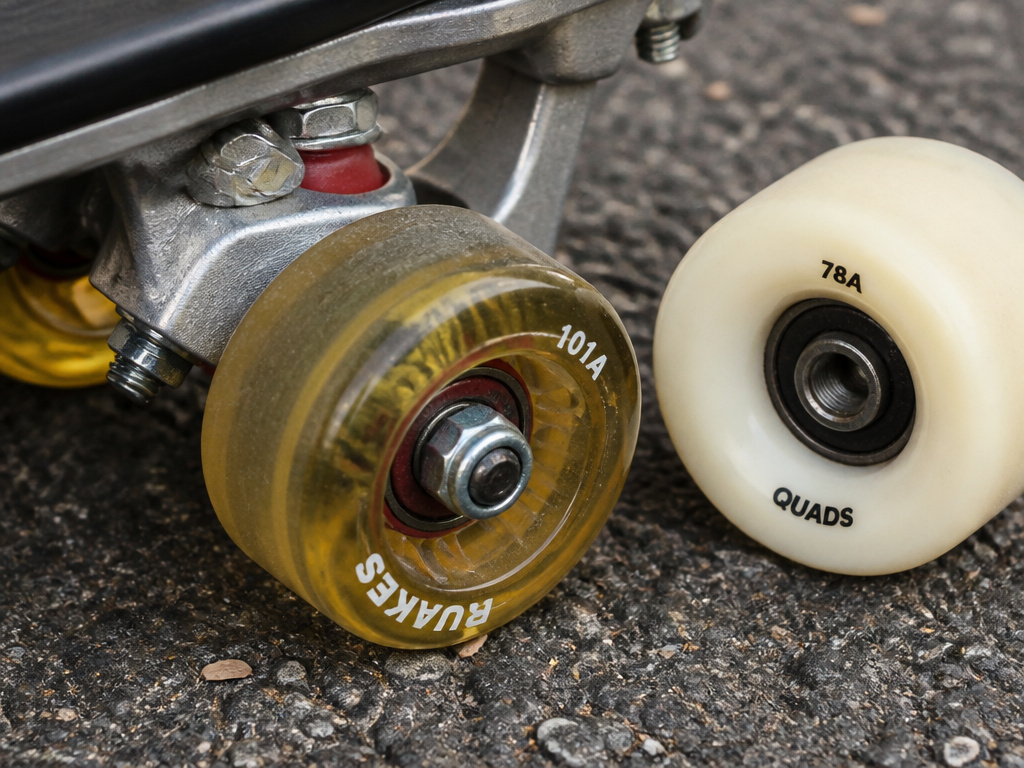 Hard skateboard wheel versus soft roller skate wheel on rough asphalt surface.