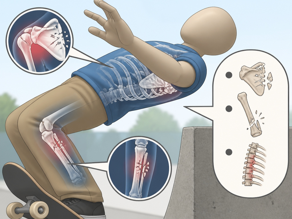 Skate 3 Hall of Meat mode cartoon of a catastrophic bail with X-ray injuries