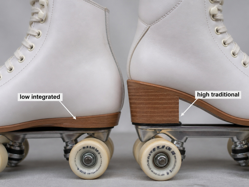 Comparison of low heel vs high heel on two different roller skate boots.