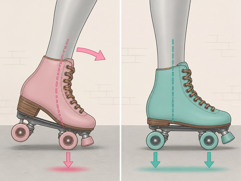 Side-by-side diagram comparing heeled versus flat roller skate boot posture and pitch.