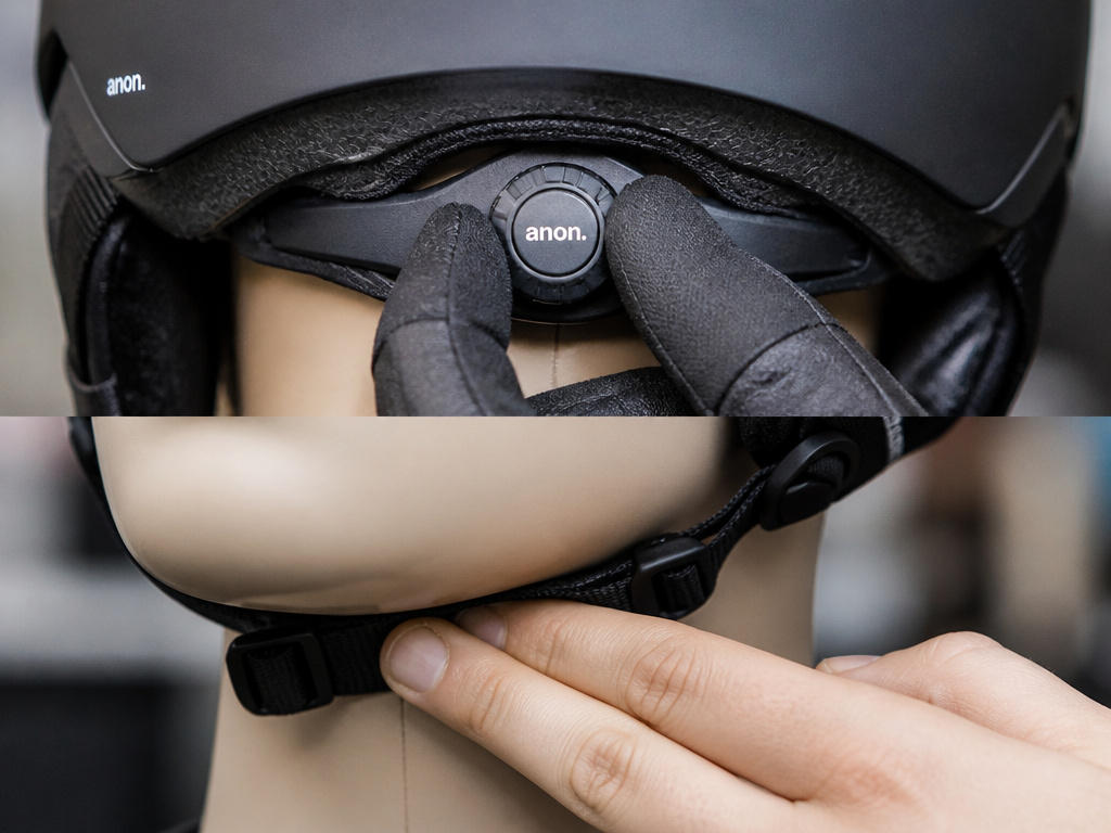 Close-up of snowboard helmet adjustment dial and proper chin strap fit check.