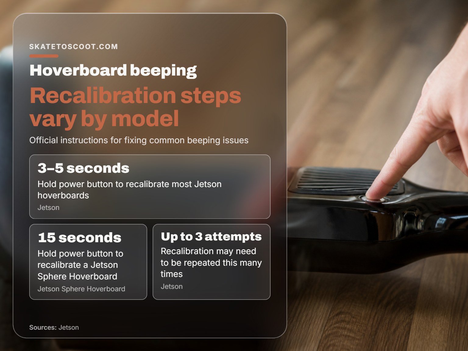 A hand pressing the power button on a hoverboard to recalibrate it.
