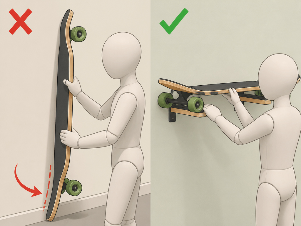 Diagram comparing incorrect vertical lean vs proper wall rack for longboard storage