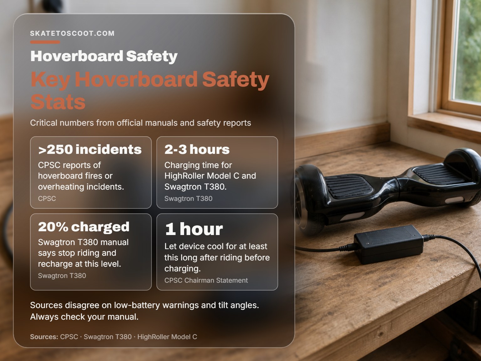 Hoverboard charger plugged in on a wooden bench with safety stats