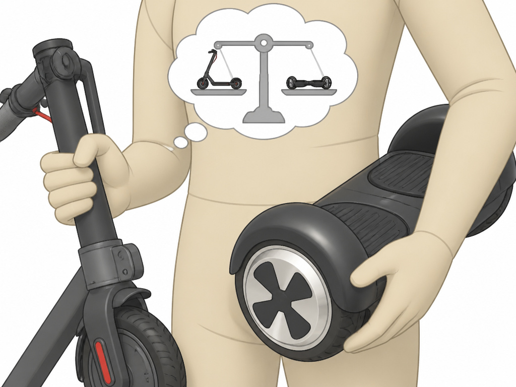Cartoon comparison of carrying a hoverboard versus a folded electric scooter