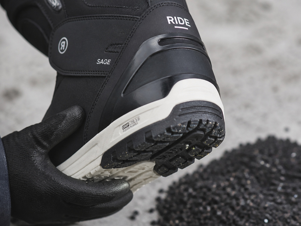 Close-up detail of Ride Sage snowboard boot outsole and heel construction.