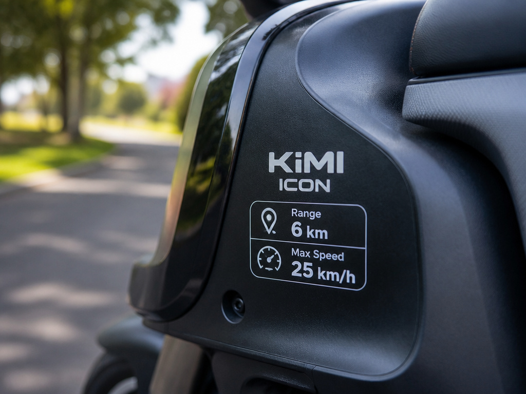 Kimi Icon electric scooter speedometer showing 6-kilometer range specification.
