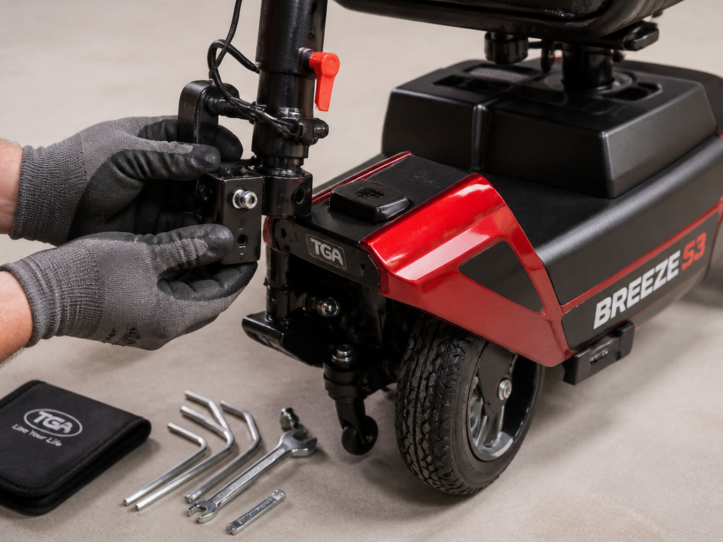 TGA Breeze S3 scooter being assembled, attaching the tiller during setup