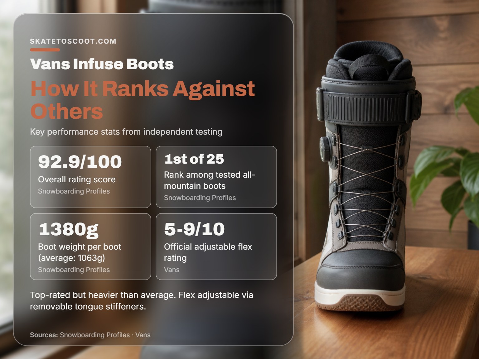 Vans Infuse snowboard boot stats card showing rating, rank, weight, and flex.