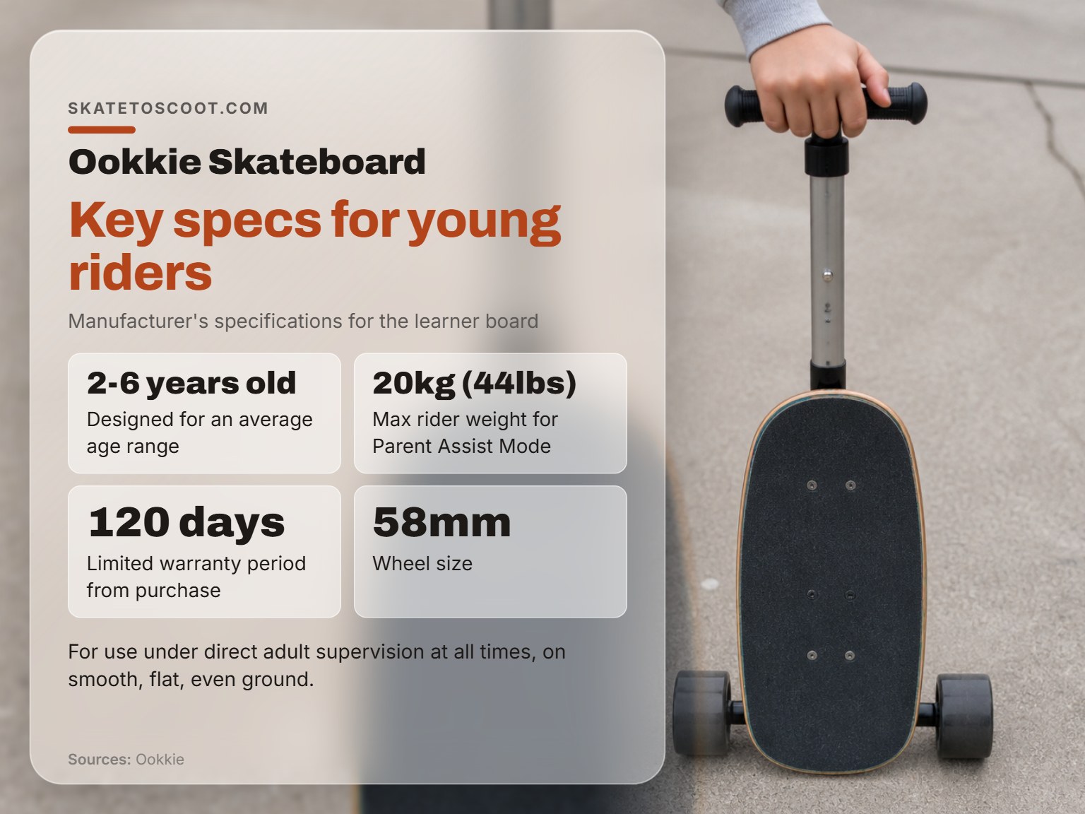 Close-up of a child's hand holding an Ookkie learner skateboard handle.