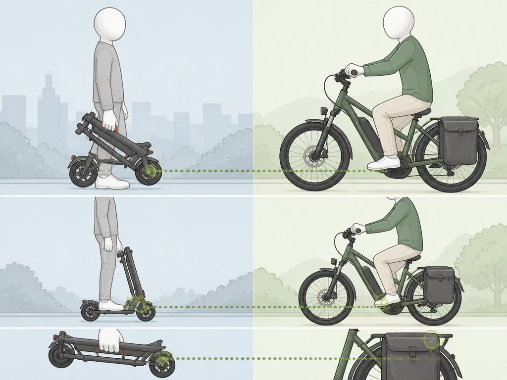 Side-by-side diagram comparing electric scooter and e-bike features.