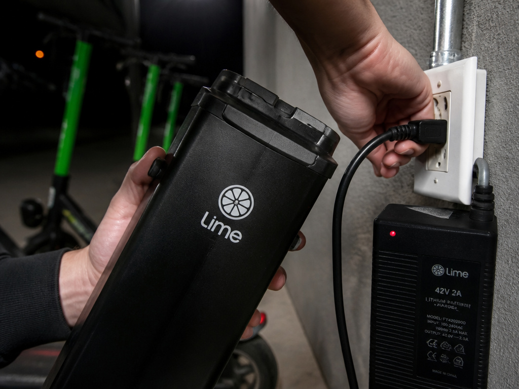 Close-up of a Lime scooter battery being plugged in for charging by a Juicer.