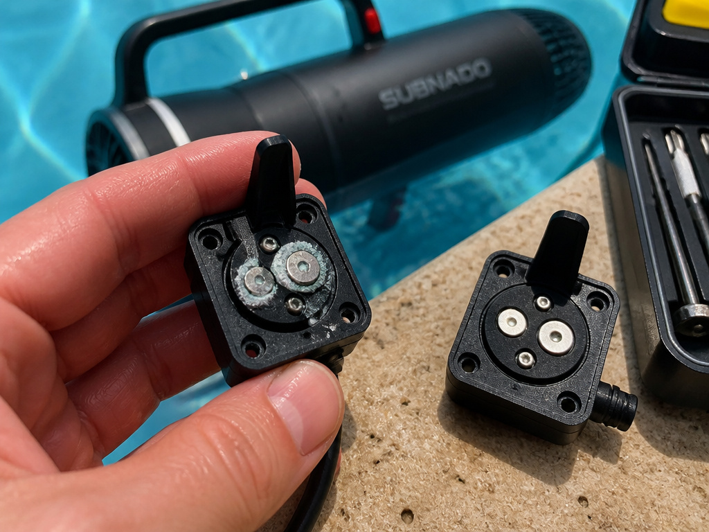 Close-up of corroded Subnado scooter thumb controller needing replacement.