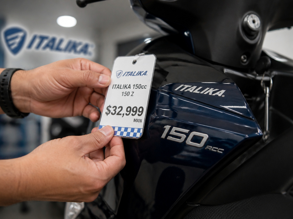 Italika 150cc scooter price tag held near fuel tank in dealership.