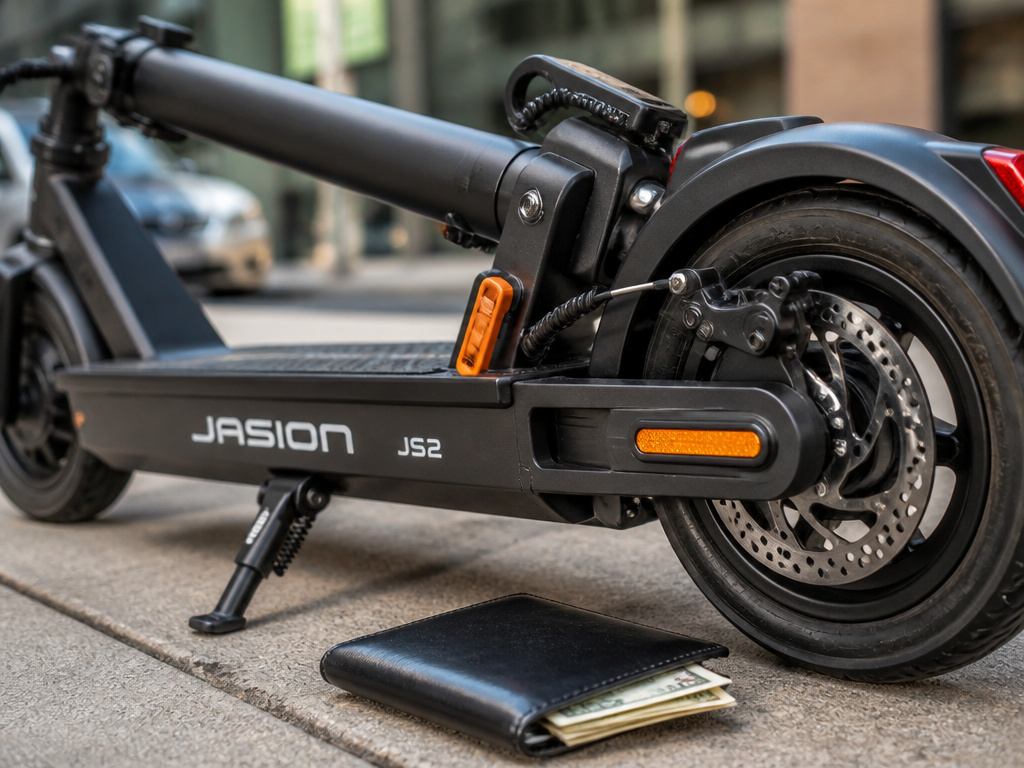 Jasion JS2 folded scooter next to wallet, illustrating cost and value proposition.