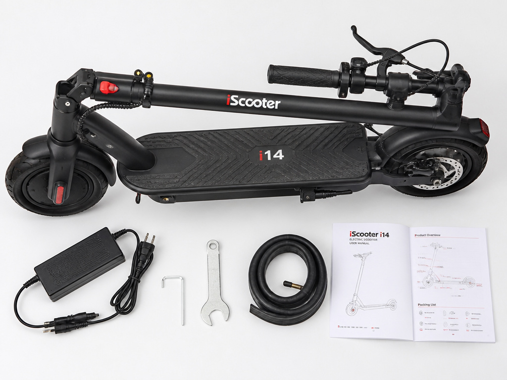 iScooter i14 purchase package contents with accessories and manual.