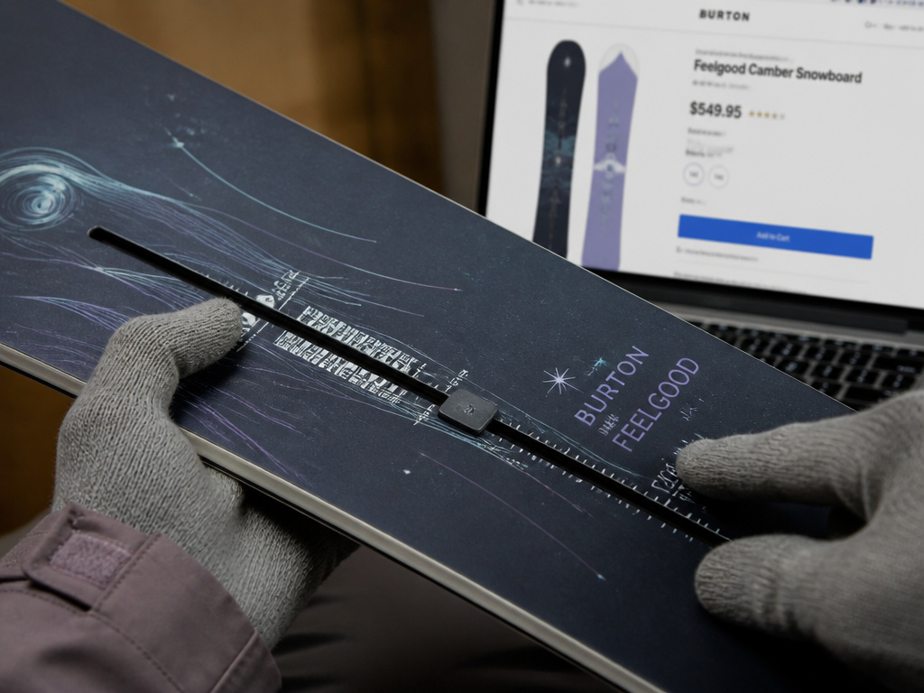Close-up of Burton Feelgood snowboard Channel system and online pricing research.