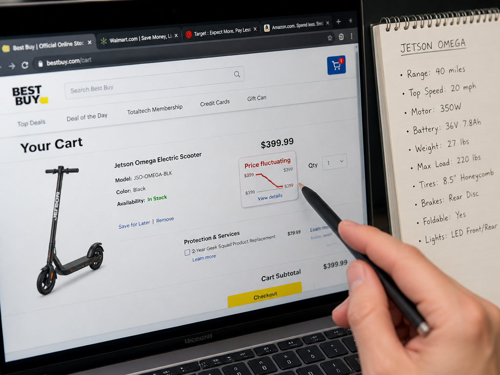 Comparing Jetson Omega electric scooter prices and specs on a laptop screen.
