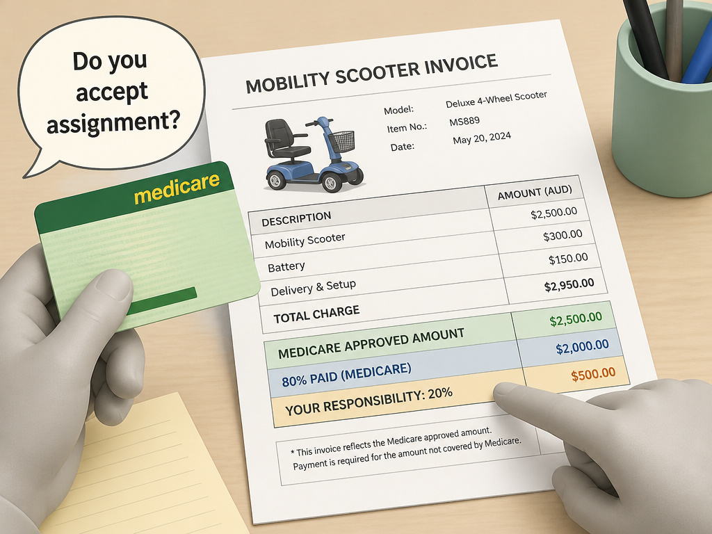Medicare card pointing at scooter invoice with 80/20 cost breakdown.