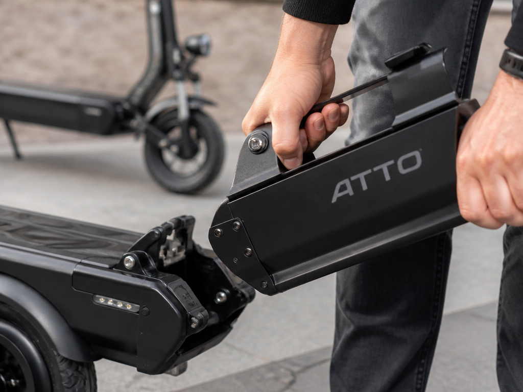 ATTO scooter's folding design and weight compared to another mobility scooter.