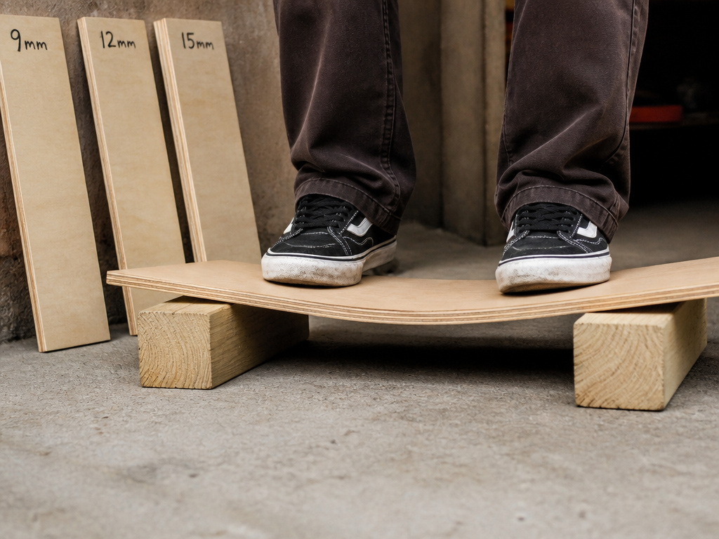 Testing longboard deck flex by standing on a plywood blank over two blocks.