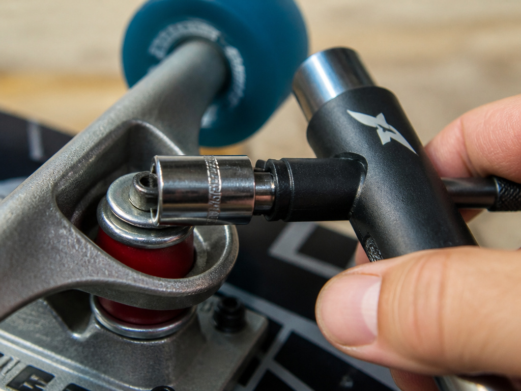 Loosening a longboard kingpin nut to reduce truck friction for longer wheel spin